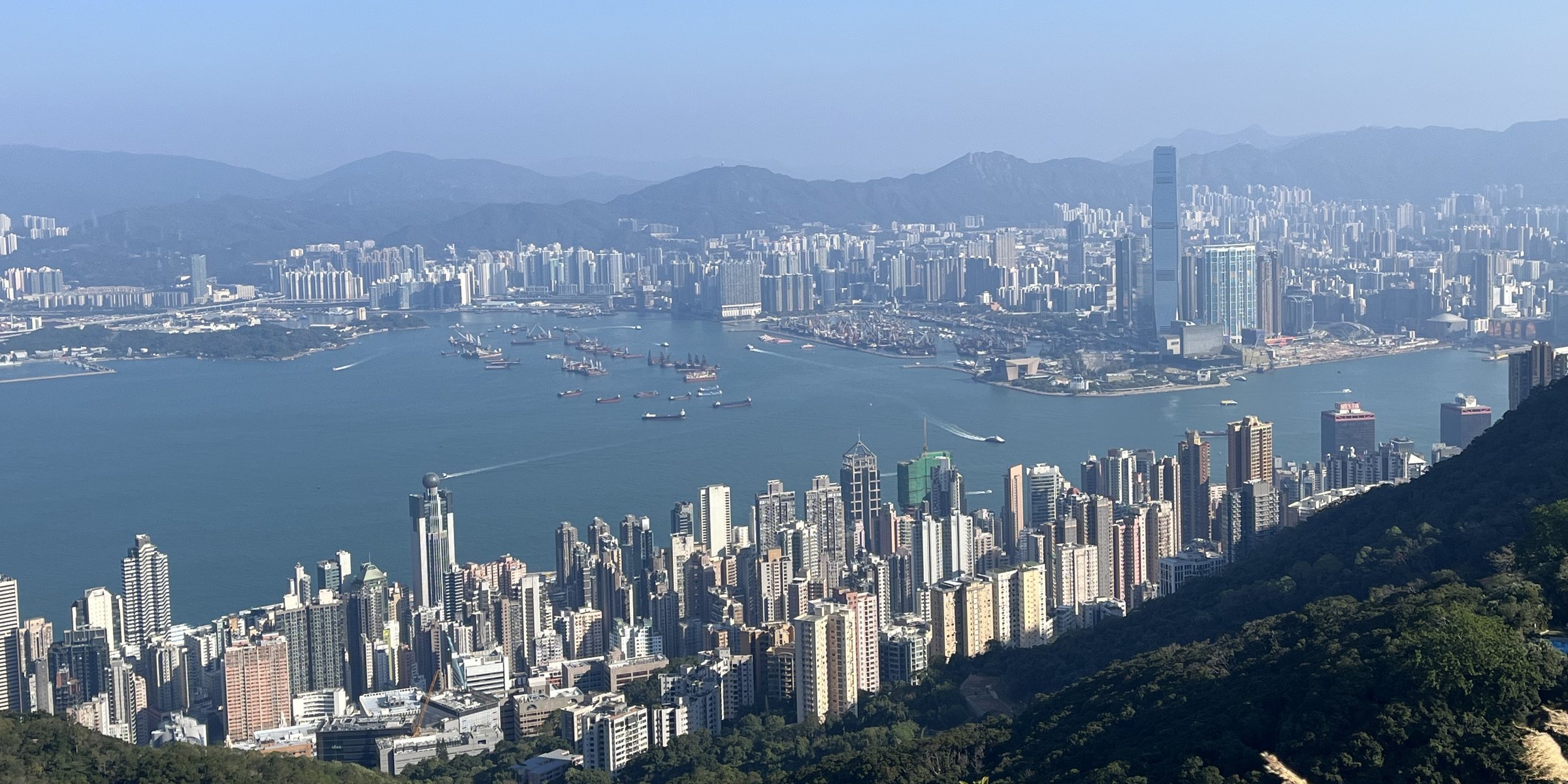 Hong Kong harbour and the city seen from the hills above